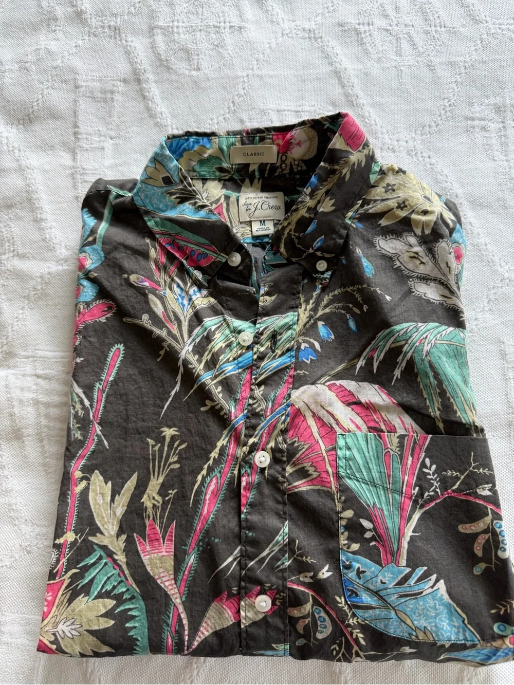 J. Crew Black Short-Sleeve Button-Down Shirt with Teal & Pink Floral